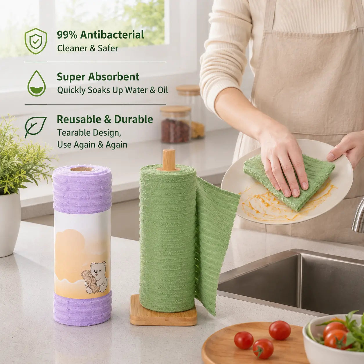 1 Count, Tearable Plush Cleaning Cloth Roll, for Daily Household Cleaning of Tableware, Cooktop, Glassware and Cabinets