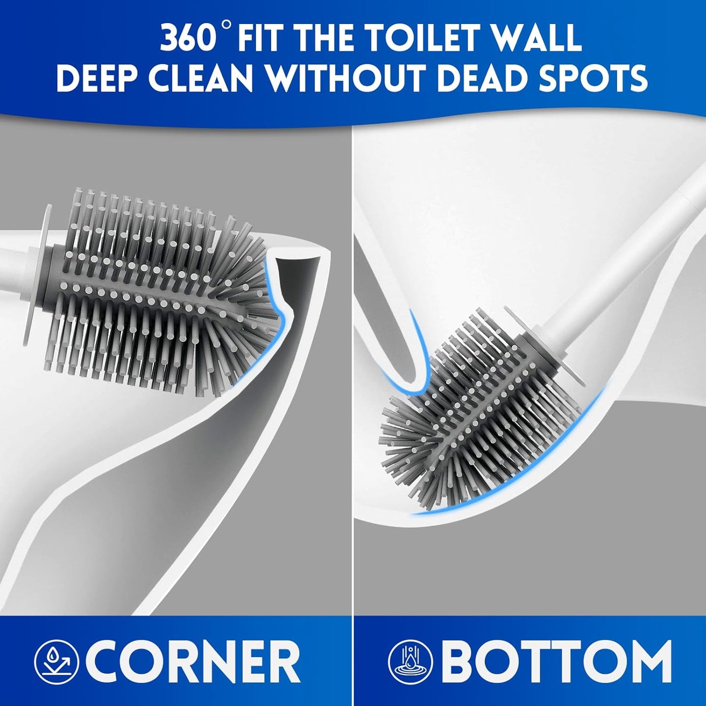 Toilet Brush and Holder Set, Silicone Toilet Bowl Brush, Bathroom Accessories, Durable Toilet Scrubber Bristles, Compact Size for RV, Wall Mountable, Drip-Proof, Deep Cleaning. (White)
